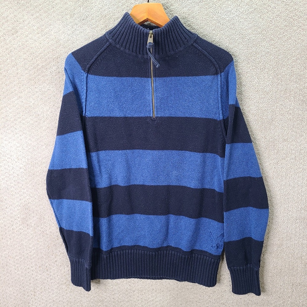 American Eagle Sweater Men Large Blue Striped Quarter Zip Cotton Pullover Casual